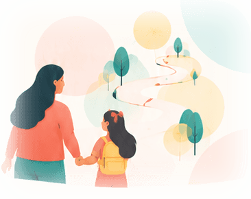 A parent and child walking hand in hand along a winding path